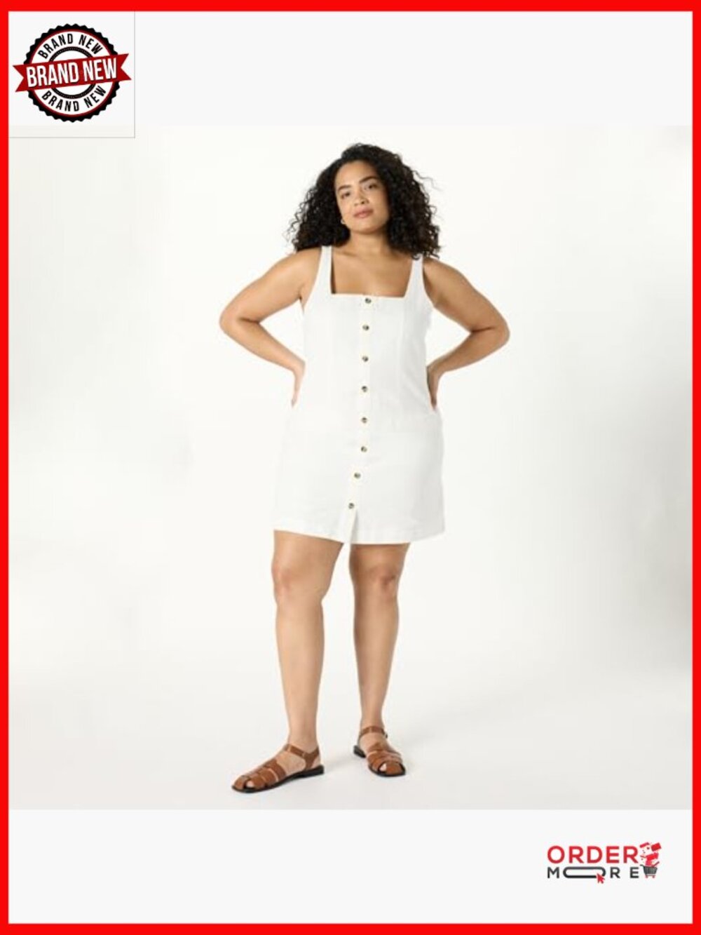 Button Down Linen Mini Dress A-Line Sleeveless Regular Fit - Picture 5 of 7
